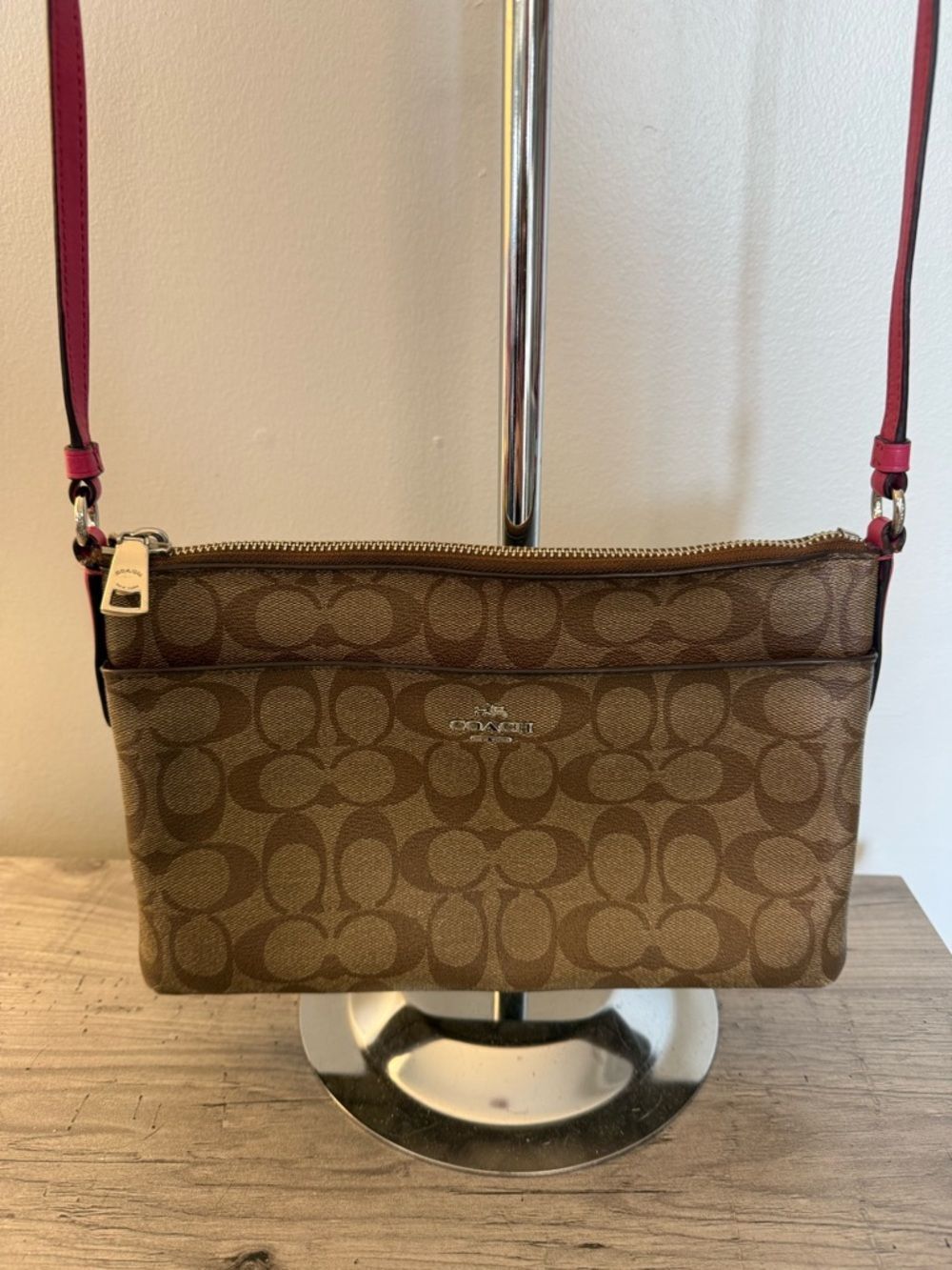 Coach East West Signature Crossbody with Pink Strap